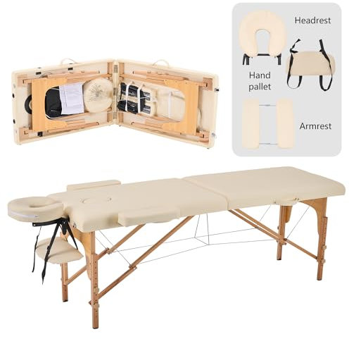 YOUNIKE Lettino Massaggio Portatile Pieghevole a 2 Zone in Legno Faggio 186x60 cm per Fisioterapia Portata 250 kg Altezza Regolabile Poggiatesta e Braccioli Rimovibili con Sacchetto per Polvere Beige