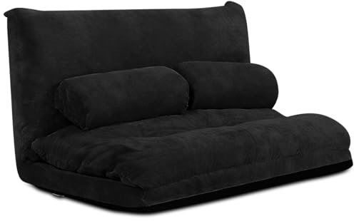 RELAX4LIFE Bodensofa Klappbar, Schlafsofa inkl. 2 Kissen, 3 in 1 Schlafsessel mit 6-stufig Verstellbarer Rückenlehne, Klappsofa mit Bettfunktion, Sofabett für Wohnzimmer Schlafzimmer (Schwarz)