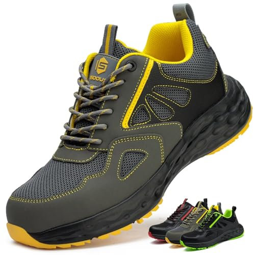 ISOOUS Arbeitsschuhe Herren Sicherheitsschuhe Damen Leicht Kunststoffkappe Atmungsaktiv rutschfest Sneaker Küche Sportlich Grau Gelb EU 44