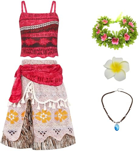 LCXYYY Mädchen Abenteuer Kostüm Hawaii Druck Top Rock mit Girlande Clip Halskette Fasching Cosplay Ozean Prinzessin Kleider Weihnachten Karneval Halloween Party Festkleid Verkleidung