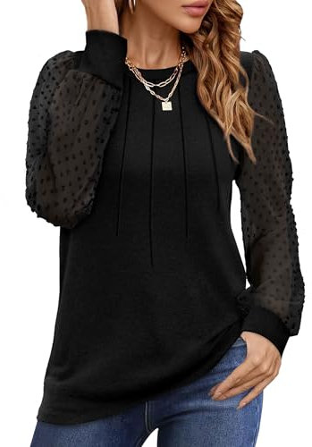 Aokosor Ladies Long Sleeve Tops Black Women Top Size 14-16 Ladies Shirts Long Sleeve Pleated Blouse Lace Tops