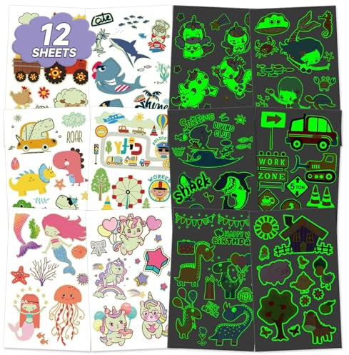 Acevegue 145+ Stück Tattoo Kinder, Leucht Hautfreundlich Kindertattoos Aufkleber, Temporäre Wasserdichte Tattoos Mädchen Jungen, Fake Tattoos Geschenke Geburtstagsdeko Party Deko