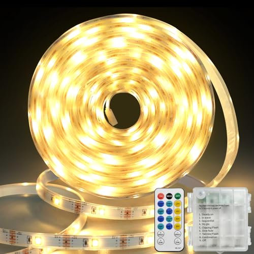 5M Batterie Streifen mit Fernbedienung,150 LED Vollständig Abgedeckt LED Streifen Lichter Timer Selbstklebend Zuschneidbar LED Strip Lights für TV Küchenschrank Außen(Warmweiß)