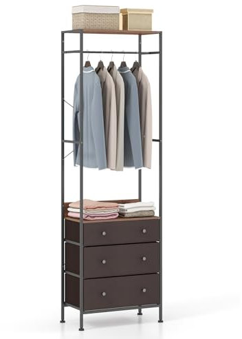 GIANTEX Appendiabiti indipendente con 3 cassetti e ripiano appendiabiti in metallo per camera da letto, soggiorno e corridoio, 55 x 28 x 176 cm (Marrone)