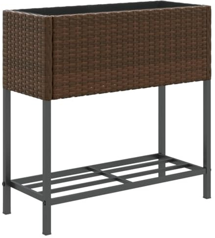 vidaXL Pflanzkübel mit Ablage, Blumenkübel mit Stahlgestell, Hochbeet für Garten Terrasse, Pflanzkasten Blumenkasten, Braun Poly Rattan