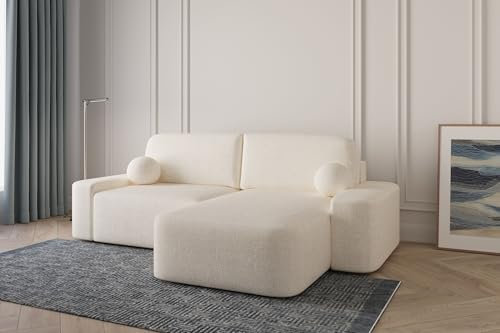 Ecksofa Lisbon – Ottomane beidseitig montierbar, Ecksofa aus Bouclé, Couch für Wohnzimmer, Schlafsofa Sofagarnitur Sofa Eckcouch L-Form mit Bettkasten und Schlaffunktion - (Creme (Anthology 20))