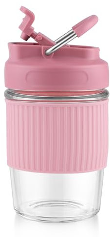 Sivaphe Reusable Glass Coffee Cup with Practical Handle and Silicone Sleeve (Pink(Updated Version), 350ml/12oz)