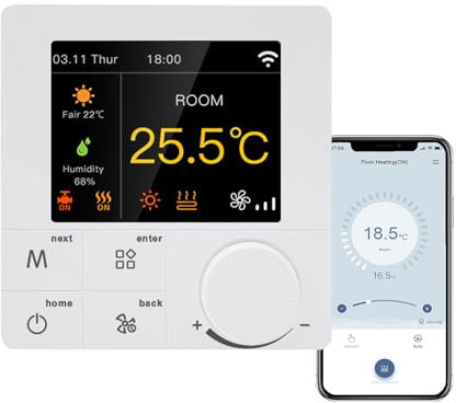 Qiumi Smart Wifi Knob Color Thermostat Air Conditioning with 2-tube and Water Heating, Works with Alexa Google Home,Support RS485 communication