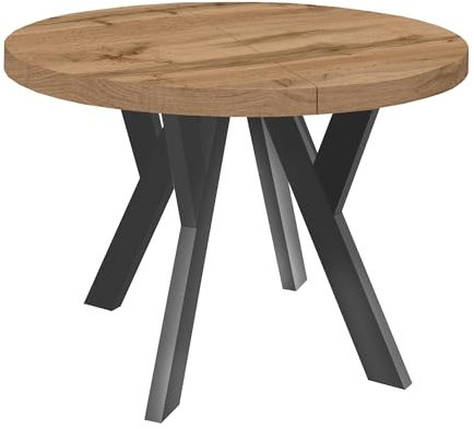 Dekori Möbel Runder Ausziehbarer Tisch für Esszimmer mit Holzbeinen, Pero, Loft-Stil, Skandinavische, Durchmesser Varianten: von 90 bis 220 cm (Eiche Wotan/Schwarz, 100/200 cm)