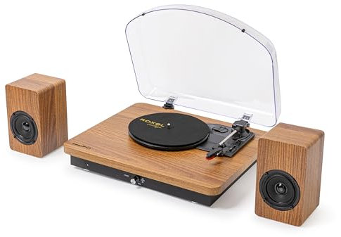 Roxel VRP-90 Turntable with Stereo Speakers,Vinyl Record Player with speaker, 3 Speed 3 Size Belt Driver Turntable for Entertainment and Home Decoration, BT Streaming
