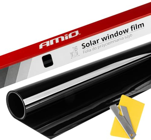AMIO Autofensterfolie, getöntes Vinyl, Schwarz, 50 x 300 cm (1%), Schwarze Fensterfolie für Sonnenschutz und Privatsphäre mit Werkzeug