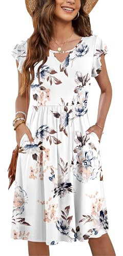 PLOKNRD Damen Sommerkleid Kurzarm V-Ausschnitt Blumenkleid Rüschen Ärmel Freizeitkleid Knielang mit Taschen (Weiß Blumen,M)