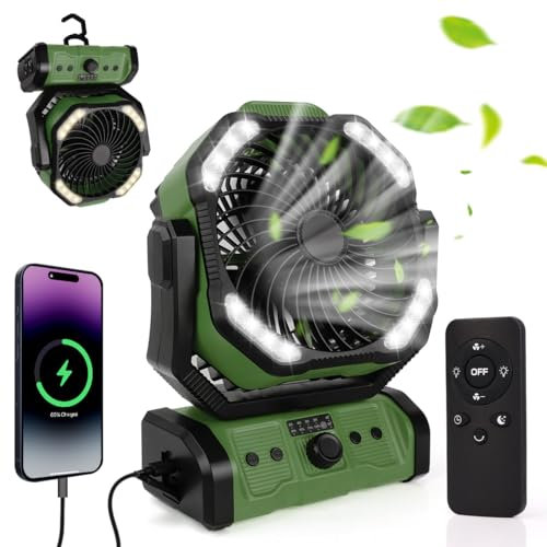ELZO Camping Ventilador 20000mAh, Portátil Recargable para Escritorio Tienda de Campaña con Control Remoto y Gancho, Luz LED, Ventilador USB de Velocidad Continua, Hogar Exterior Viajes Pesca