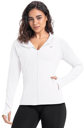 33,000ft Damen Leichte Laufjacke Hoodie Full Zip Sportjacke mit Daumenloch | UPF 50+, Schnelltrocknende, 4 Taschen, Leicht, Atmungsaktive, Langarm, Trainingsjacke, Sweatjacke, für Laufen Fitness