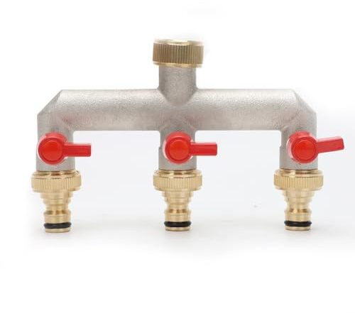 Yuragim Wasserverteiler 3 Wege, 3/4 Zoll Messing Wasseranschluss Verteiler 3-Wege mit 3 Separaten Absperrhähnen, 3er Verteiler mit 3 Stück 3/4'' auf 1/2'' Wasserhahn Adapter für Geräte/Gartenschläuche