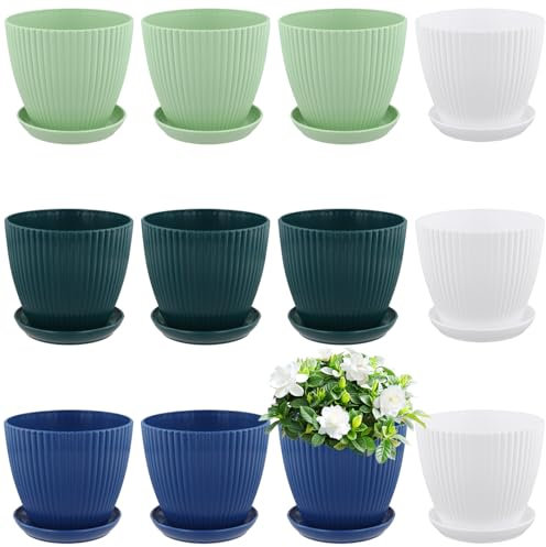 JIEHIN 12 macetas de plástico de 15 cm, 4 colores, con posavasos y agujeros de drenaje, macetas de plástico para exteriores e interiores