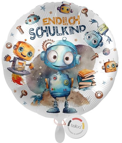 balloa Folienballon Schulkind, runder Helium Ballon zur Einschulung mit Robotermotiv in Blau und Orange, Geschenk für Jungen, Einschulungsdeko mit Technikthema, befüllbar mit Luft oder Helium, 33cm