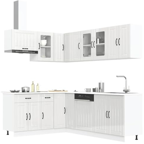 Emmtore 11-TLG. Küchenschrank-Set Holzwerkstoff, Küchenzeile Einbauküche, Schrank-Set, Unterschrank, Küchenschrank, Hängeschrank Hochglanz-Weiß