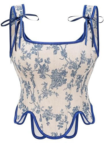 Bslingerie Vintage Medieval Renaissance Crop Top Lace-Up Corset Top for Women (UK, Alpha, XL, Regular, Regular, Standard, Blue Floral)