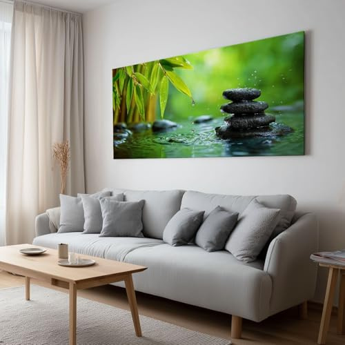 Toile Peinture Tableau Murale Feuille Bambou Goutte Eau Pierre Noire Paysage Impression sur Toile Art Affiche Salon Chambre Maison Décoratifs Moderne Aesthetic Room Decor sans Cadre (120 X 80 cm)