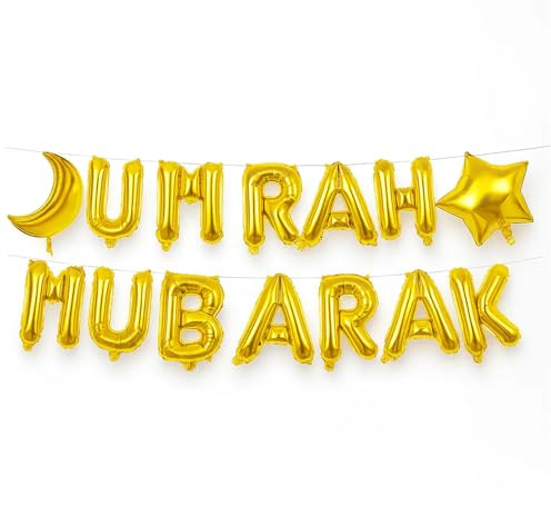 Umrah Mubarak Balloons, 14pcs Gold Foil Letter Balloons mit Strohhalm und Band für Umrah Party