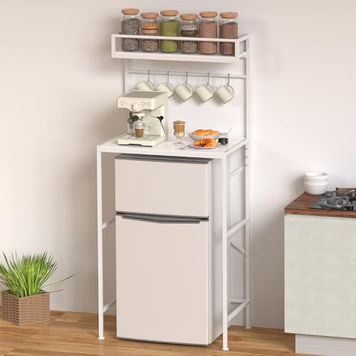 Skcoipsra 2-Tier Mini Fridge Stand with Storage, Metal Kitchen Microwave Organizer Shelf Freestanding Storage Rack with 5 Hooks for Living Room, Offices, Dorm, White