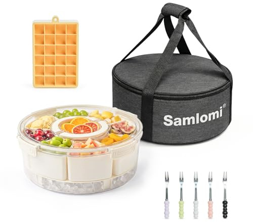 Snackbox mit 9 Fächern, 360° Drehbarer snackbox mit fächern, Snackteller aus PP Spülmaschinenfest, Und Tragbaren Thermotasche Mit Folienfutter Auslaufsicherer Snackteller Organizer für Süßigkeiten