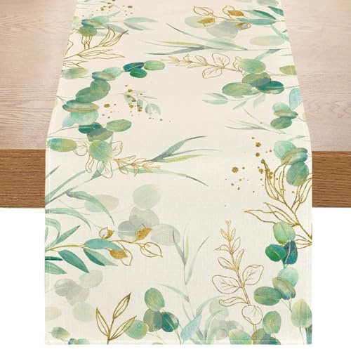 Tischläufer Ostern, Tischdecke Grüne Blätter, Tischläufer Frühling 33 x 180 cm, Waschbar Esstisch Deko für Küche Wohnzimmer