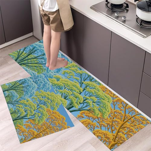 GDJSMIN Kitchen Rug 2 Piece Set,Forest Linoleum Prints Kitchen Floor Mat, Tall Trees in Autumn Non-Slip Absorbent and Washable Runner Rug,Blue Kitchens Decoration 17.3X28+17.3X47