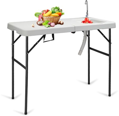 Bonnlo Klappbarer Fischreinigungstisch mit Spüle – Campingtisch Tragbar aus HDPE mit Wasserhahn, Ablaufschlauch, Filetiertisch für Picknicks, Camping, Grillen & Angeln, 114,5 x 58,5 x 94 cm, Weiß