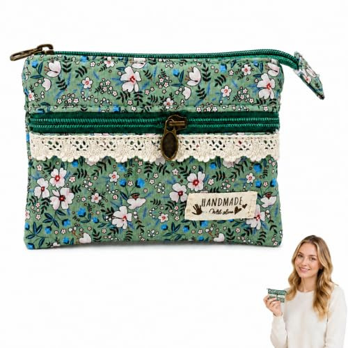 JOVYTH Portamonete Artigianale per Donna, Porta Carte e Monete con Fantasia Floreale Romantica in Tela di Cotone, Design Vintage con Doppia Cerniera, Leggero e Compatto per Uso Quotidiano