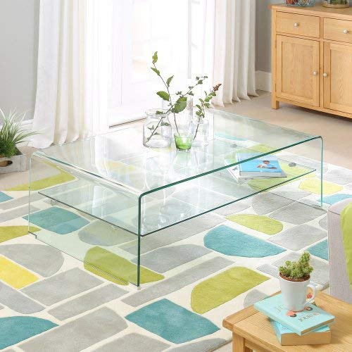 The Furniture Market Geo-Glass Rectangular Coffee Table With Shelf | Modern Italian Design | 12mm Toughened Glass | Bevelled Edges | Space-Saving | H 420mm x L 1200mm x W 700mm