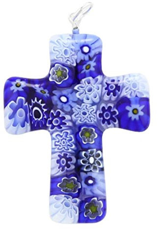 Glass Of Venice Pendentif Croix Murano Millefiori Bleu