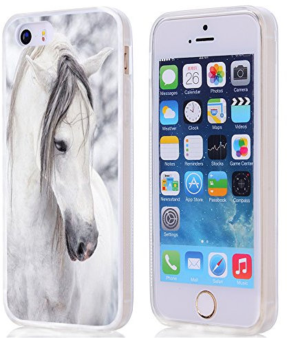 iPhone 5S Case Horse,iPhone 5 & 5S Soft Clear TPU 360 Degree Protective Case W Beautiful Mr White Horse