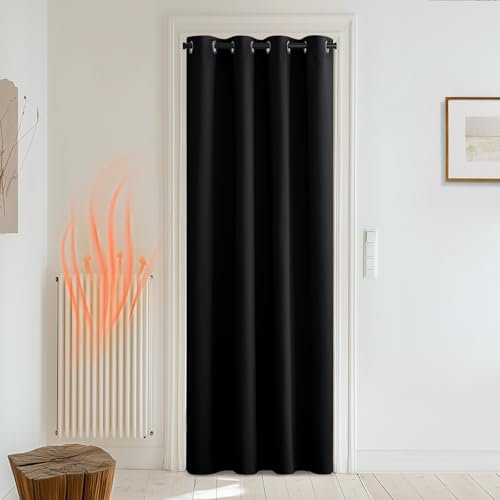 PONY DANCE Thermal Blackout Door Curtain - Black Door Curtain Room Darkening Window Drape for Nursery Room/Living Room, W 52-inch by D 95-inch, Single Panel