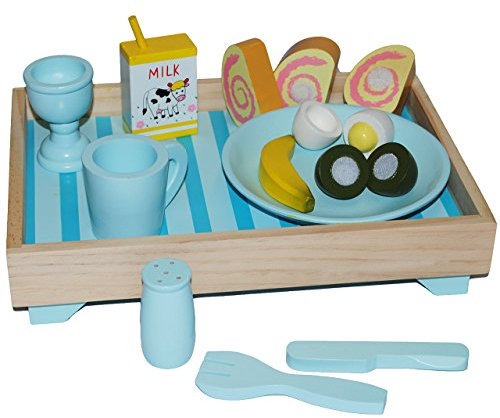 16 tlg. Set Frühstück Tablett und Teller Tasse Gabel Milch Eierbecher Brot
