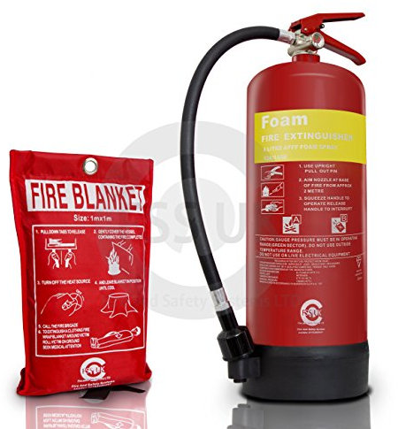PREMIUM FSS UK 6 LITRE FOAM FIRE EXTINGUISHER WITH FIRE BLANKET. BSI Kitemarked extinguisher and CE marked FIRE BLANKET. IDEAL FOR HOMES KITCHEN WORKPLACE OFFICES WORKSHOPS WAREHOUSES GARAGES HOTELS RESTAURANTS