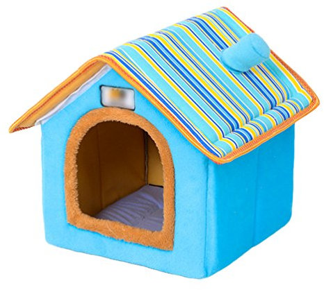 LvRao Haustier Haus Hund Katze Plüsch Bett Höhlenbett Faltbar abnehmbar Klein Hundehaus Hundehöhle Kuschelhöhle (Blau, M)