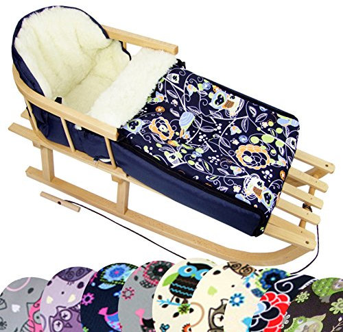 BAMBINIWELT Kombi-Angebot Holz-Schlitten mit Rückenlehne & Zugseil + universaler Winterfußsack (90cm), auch geeignet für Babyschale, Kinderwagen, Buggy, aus Wolle im Eulendesign (Eule §8)