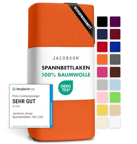 Jacobson Jersey Spannbettlaken Spannbetttuch Baumwolle Bettlaken (140x200-160x220 cm, Orange)