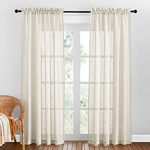 PONY DANCE Window Sheer Curtain - Linen Voile Curtains with Cross Pattern Light Filtering Soft Half Transparent, W 132 x H 213 cm, Beige, 2 Panels