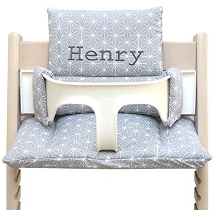 Blausberg Baby - Sitzkissen Set kompatibel mit Tripp Trapp Stokke Hochstuhl mit Namen, Personalisiertes Geschenk zu Geburt oder Geburtstag (Happy Star Grau)