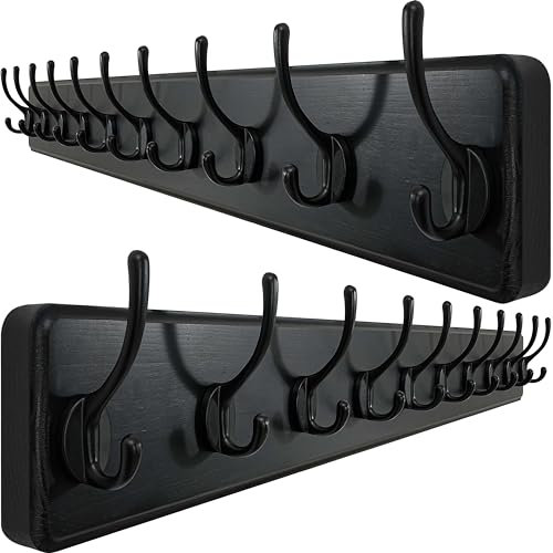 WEBI Porte Manteau Mural Bois,10 Crochets,98cm Long Patère Murale,Bois Massif Porte Manteau Salle De Bain pour Manteaux Veste,Noir,Lot de 2
