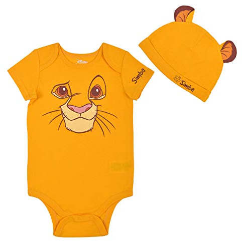 Disney Baby’s Short Sleeve Onesie with Cap, Lion King Simba Costume, Yellow Romper Set, Size NB