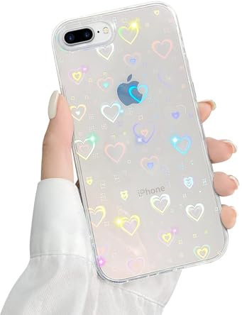 Ownest Glitzer Hülle Kompatibel mit iPhone 8 Plus Hülle, iPhone 7 Plus Hülle Transparent Aesthetic Glitter Herz Handyhülle Durchsichtige Hologramm TPU PC Case Mädchen Frauen Schutzhülle