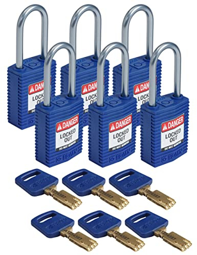 Brady (CPT-BLU-38AL-KD6PK) SafeKey Nylon Lockout-Vorhängeschloss - kompakt Mit Aluminium Bügel 38.00 mm Blau KD - Verschiedenschließende Schlösser 6 Stück