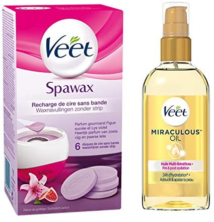 VEET - Lot de 6 Disques de Recharges de Cire Chaude Spa Wax et d'une Huile Miraculeuse A Base d'Huiles 100% d'Origine Naturelle