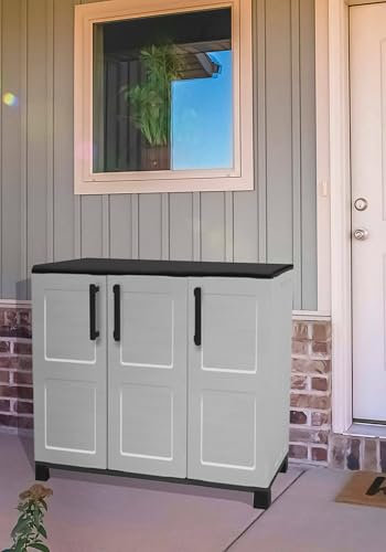 Dmora - Outdoor-Garderobe aus Fell, Mehrzweck-Balkongarderobe, 3-türiger Outdoor-Schrank, 100 % Made in Italy, 102 x 37 x 90 cm, Hellgrau und Schwarz, kariertes Finish