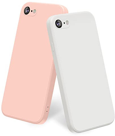 Yisica 2 Pack Silicone Coque Compatible pour iPhone SE 2020 / iPhone 8 / iPhone 7 / iPhone SE 2022, Silicone Coque avec Doublure en Microfibre Douce Protection Complète 4,7 (Rose/Blanc)