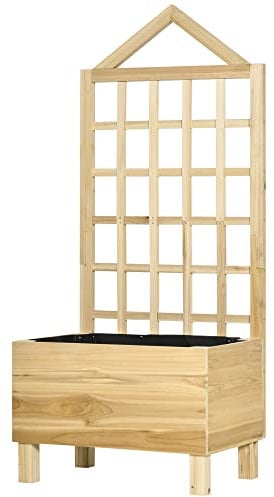 Outsunny Fioriera in legno con Spalliera Traliccio Rampicanti, Fioriera con reticolo Arriate da giardino con tessuto non tessuto e 2 fori di drenaggio per colture verdi fiori 60 x 43 x 147 cm naturale